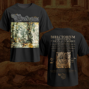 Black short-sleeve Brodequin band t-shirt showing both front and back designs for the metal band Brodequin. The front features the band name in ornate silver lettering above a detailed classical painting print.