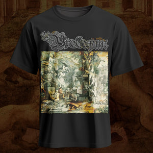 A black short-sleeve t-shirt featuring the band 'Brodequin' and their ornate, classic medieval artwork printed on the front, displayed against a dark, textured background.