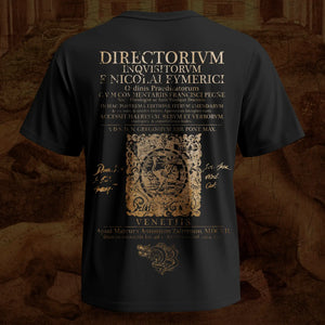 A black short-sleeve Brodequin band t-shirt shown from the back, featuring an elaborate gold-colored gothic design with text, a central crest, and decorative script, set against a dark textured background.
