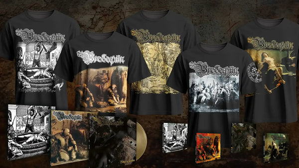 A merchandise display featuring multiple black Brodequin band t-shirts with various album artwork prints, alongside CD and vinyl album covers, arranged against a dark textured background.
