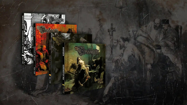 A set of four Brodequin music albums fanned out against a dark, gritty illustrated background. The albums feature highly detailed, dark-themed covers with gothic artwork and titles including 'Harbinger of Woe', 'Festival of Death', and 'Instruments of Torture'.