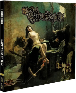 A physical copy of the band Brodequin's album 'Harbinger of Woe' shown at a three-quarter angle to display the spine and cover art. The cover features dark, gothic artwork of a woman being held by armed men in a dim, dungeon setting, with the band's name in a stylized font at the top and the album title at the bottom right.